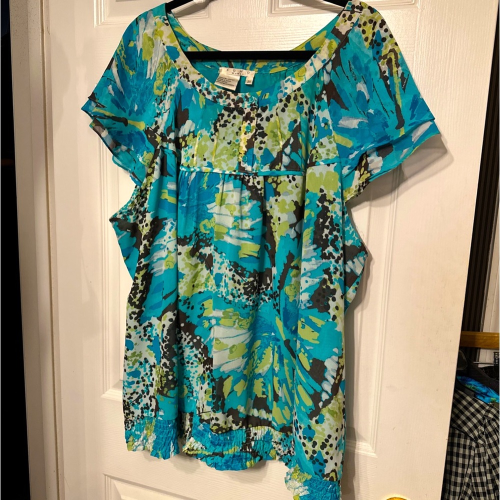 Como Woman 3X Floral Print Top Teal Green BlueRound Neck Sheer Lined Tunic Top